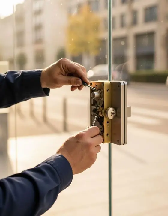 Locksmith technician working a commercial storefront door lock in Valdosta GA