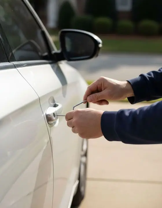 Locksmith technician using a non-destructive entry tool on a car door lock in Valdosta GA