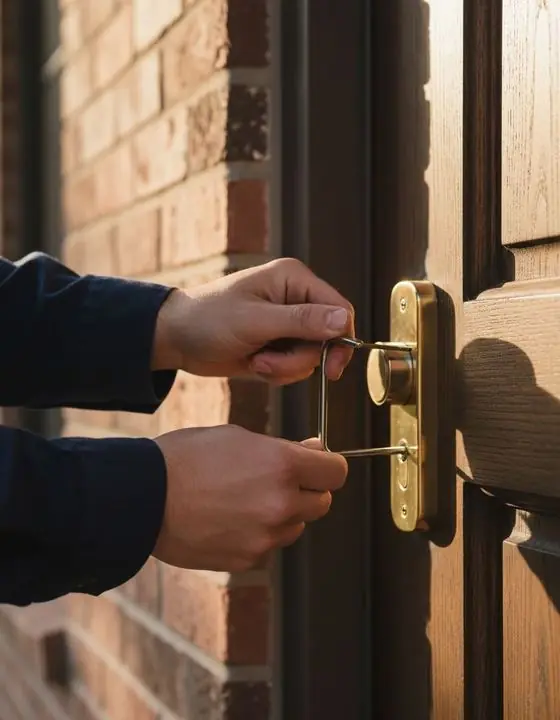 Locksmith technician working a front door deadbolt lock during a house lockout in Valdosta GA